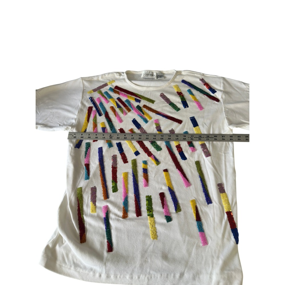 Cedars Vintage 90s White Sequin Beaded Abstract T-Shirt Womens M Oversized JS - Picture 10 of 11